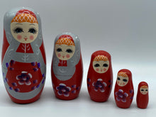 Load image into Gallery viewer, Wooden Nesting Dolls 5pcs in red &amp; silver

