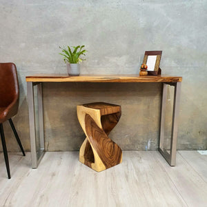 Single twisted stool-Raintree Wood Stool/Corner side Table Lamp Table Carved out of a Whole Tree Trunk.