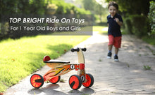 Load image into Gallery viewer, Ride on four wheeled wooden push bike on rubber wheels for toddlers.
