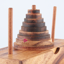 Load image into Gallery viewer, Pagoda 9 ring brain teaser puzzle, wood, handmade 3D puzzle-arrange rings on end column to solve
