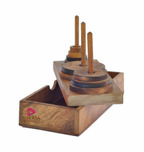 Load image into Gallery viewer, Pagoda 9 ring brain teaser puzzle, wood, handmade 3D puzzle-arrange rings on end column to solve
