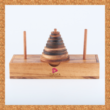 Load image into Gallery viewer, Pagoda 9 ring brain teaser puzzle, wood, handmade 3D puzzle-arrange rings on end column to solve
