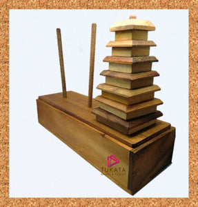 Stacking Pagoda 7 piece brain teaser puzzle, wood, handmade 3D puzzle-arrange blocks on end column to solve