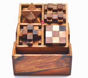 4 individual brainteaser wooden puzzles in a gift wooden box.