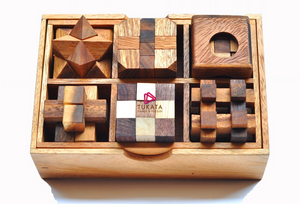 6 unique hand made wooden brainteaser Puzzles in beautiful Gift Box -for kids or adults_-Sold out Model 6266