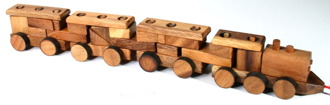 Pull along wooden train with 26 Piece, educational shapes jig-saw wooden toy.