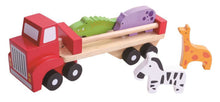 Load image into Gallery viewer, Children&#39;s wooden truck toy with wood animals. Zebra and Giraffe.
