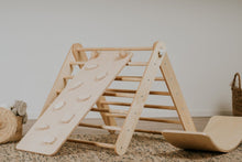 Load image into Gallery viewer, Children&#39;s Natural indoor Climbing Triangle and Swedish Wall 2in1, Montessori Triangle, Climber, Climbing Triangle Set, plus balance board.
