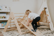 Load image into Gallery viewer, Children&#39;s Natural indoor Climbing Triangle and Swedish Wall 2in1, Montessori Triangle, Climber, Climbing Triangle Set, plus balance board.
