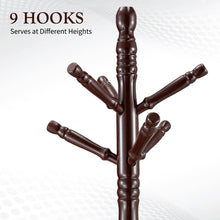 Load image into Gallery viewer, Brown Coat Rack with Stand Wooden Hat and 9 Hooks Hanger Walnut tree
