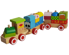 Load image into Gallery viewer, Wooden Train set with stacking blocks shapes and Smiley Happy Face Decoration
