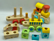 Load image into Gallery viewer, Wooden Train set with stacking blocks shapes and Smiley Happy Face Decoration
