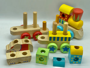 Wooden Train set with stacking blocks shapes and Smiley Happy Face Decoration