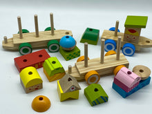 Load image into Gallery viewer, Wooden Train set with stacking blocks shapes and Smiley Happy Face Decoration
