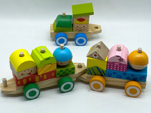 Load image into Gallery viewer, Wooden Train set with stacking blocks shapes and Smiley Happy Face Decoration
