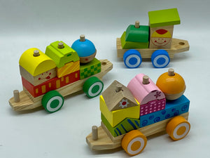 Wooden Train set with stacking blocks shapes and Smiley Happy Face Decoration