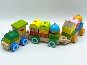 Wooden Train set with stacking blocks shapes and Smiley Happy Face Decoration