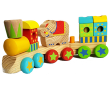 Load image into Gallery viewer, Wooden Block Puzzle Shapes Circus Elephant Stacking Train-12 shaped blocks.
