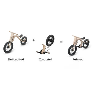 Wooden balance bike with add on pedals module, 3 bikes in1, from age 1-6 years