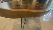 Load and play video in Gallery viewer, Coffee Table, Round wood large  112 cm across 91cm width and 9 cm thick, glass inlay feature
