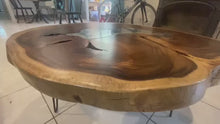 Load and play video in Gallery viewer, Coffee Table, Round wood large  112 cm across 91cm width and 9 cm thick, glass inlay feature
