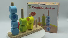 Load and play video in Gallery viewer, Counting Stacker Wooden Toy Tower shapes Learn to Count Stacker-multi coloured.
