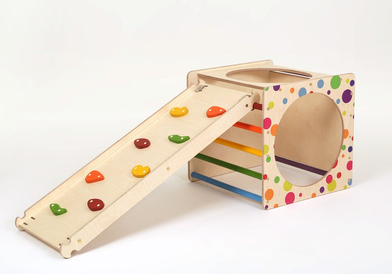 Triangle Climbing Cube With Ramp Montessori Toddler Indoor Outdoor Ladder Gym, Rock Wall Ramp slide, Climbing Arch.