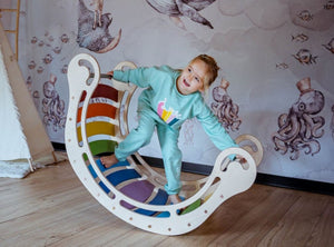 XXL JUMBO Rocker Montessori Rainbow Swing Rocker with climbing RAMP and Slide combo for kids, Rocker board, indoor play.