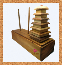 Load image into Gallery viewer, Stacking Pagoda 7 piece brain teaser puzzle, wood, handmade 3D puzzle-arrange blocks on end column to solve
