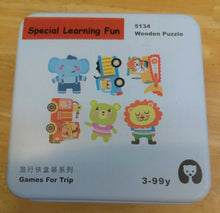 Load image into Gallery viewer, Set 12 -TWELVE different Puzzle Educational Games for Travel in closable Tin Can.
