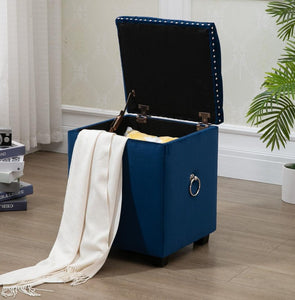 Cubix Blue Fabric Storage Ottoman Tufted Blanket Box Foot Stool Studs and Rings