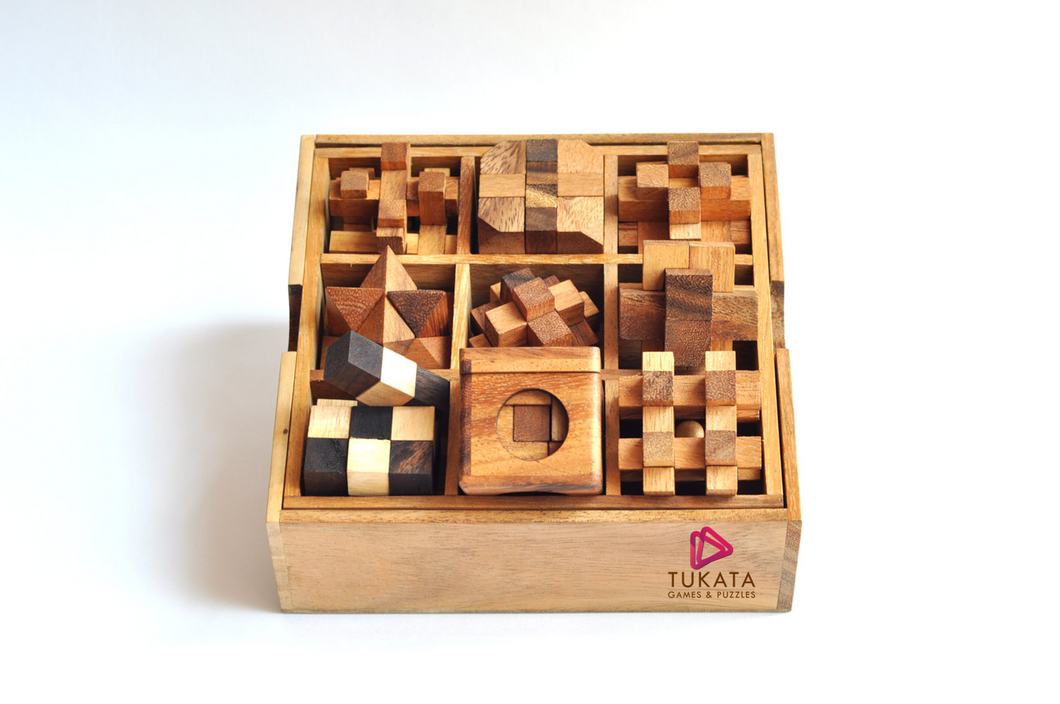 Wooden brain teaser puzzle gift box - 9 individual mechanical puzzle set in own box
