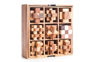 Wooden brain teaser puzzle gift box - 9 individual mechanical puzzle set in own box