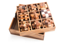 Load image into Gallery viewer, Wooden brain teaser puzzle gift box - 9 individual mechanical puzzle set in own box
